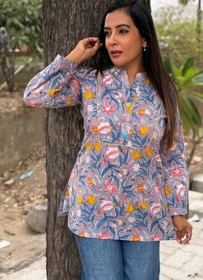 Grey floral printed cotton tunic top for women 5