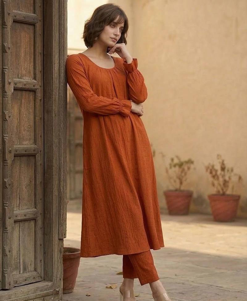 Rust a line balloon sleeve kurta with trouser