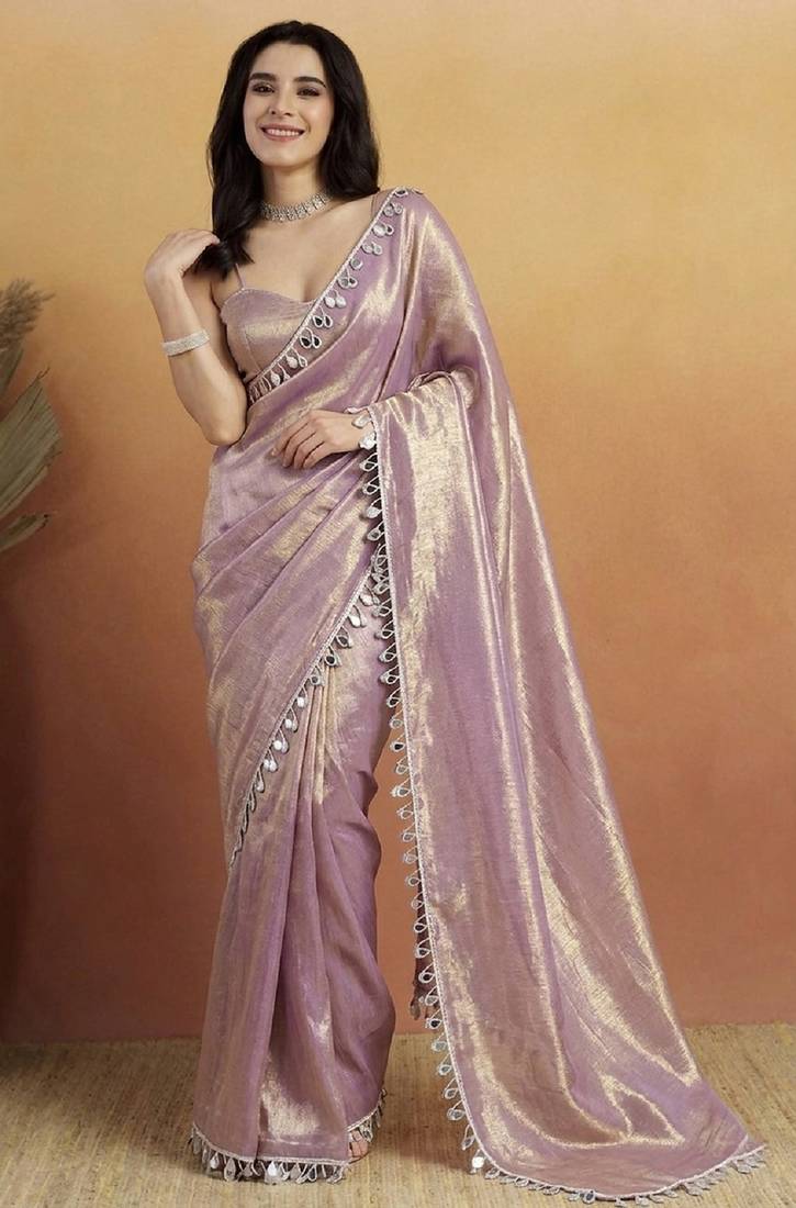 Purple solid satin satin regular saree with blouse