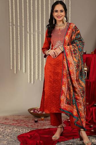 Women rust yoke design kurta with trousers & with dupatta
