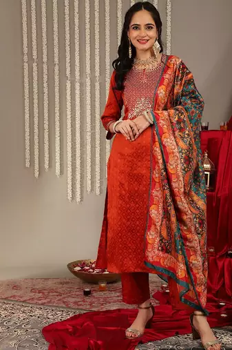 Women rust yoke design kurta with trousers & with dupatta