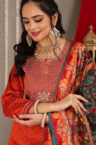 Women rust yoke design kurta with trousers & with dupatta