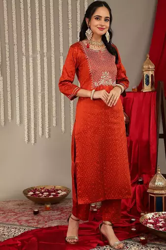 Women rust yoke design kurta with trousers & with dupatta