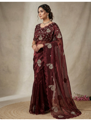 Maroon Color Hand And Sequince Work Satin Saree 1