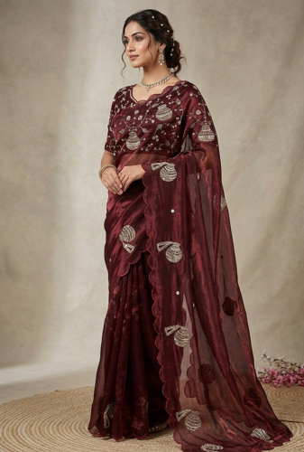 Maroon Color Hand And Sequince Work Satin Saree
