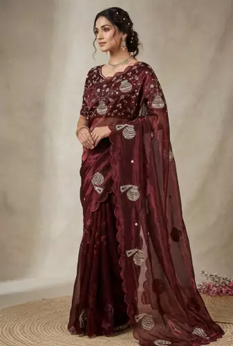 Maroon Color Hand And Sequince Work Satin Saree