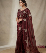 Maroon Color Hand And Sequince Work Satin Saree