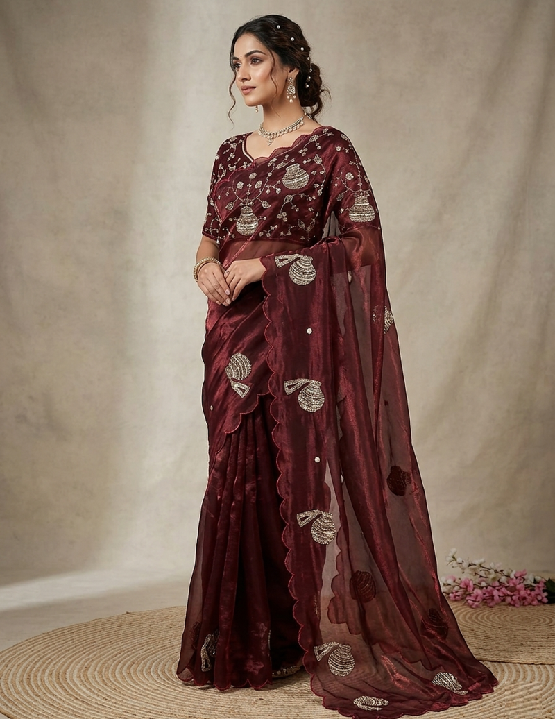 Maroon Color Hand And Sequince Work Satin Saree
