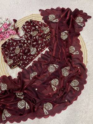 Maroon Color Hand And Sequince Work Satin Saree 2