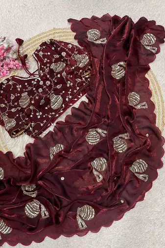Maroon Color Hand And Sequince Work Satin Saree