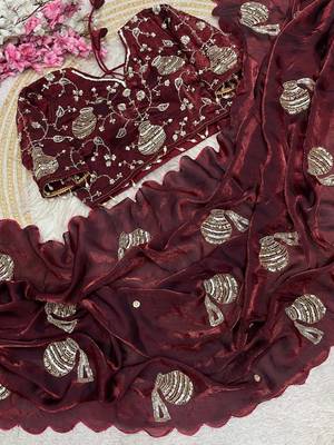 Maroon Color Hand And Sequince Work Satin Saree 3
