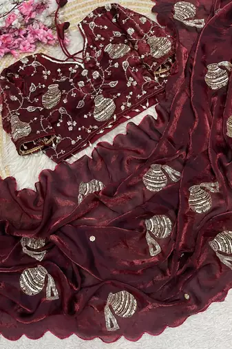 Maroon Color Hand And Sequince Work Satin Saree