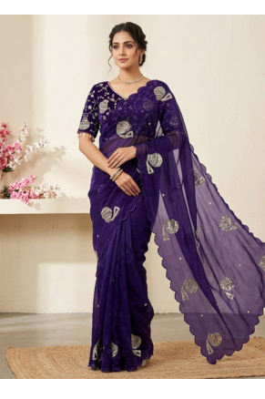 Purple Color Hand And Sequince Work Satin Saree 1