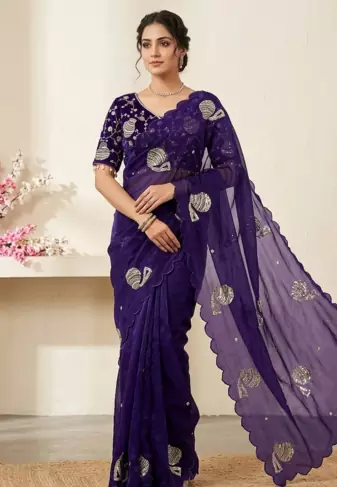 Purple Color Hand And Sequince Work Satin Saree