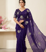Purple Color Hand And Sequince Work Satin Saree