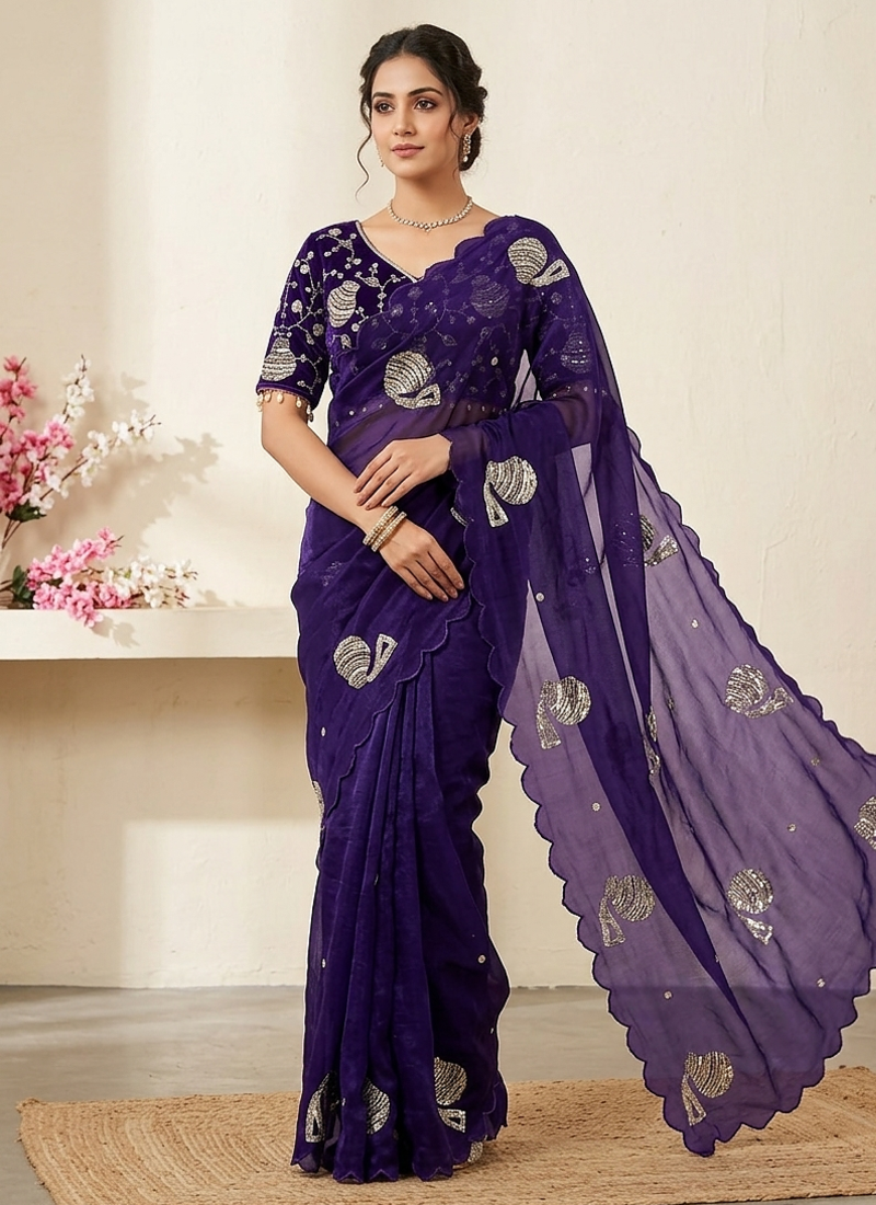 Purple Color Hand And Sequince Work Satin Saree