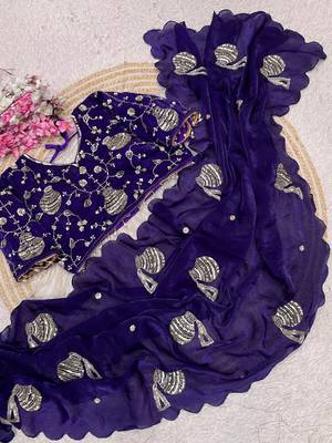 Purple Color Hand And Sequince Work Satin Saree 2