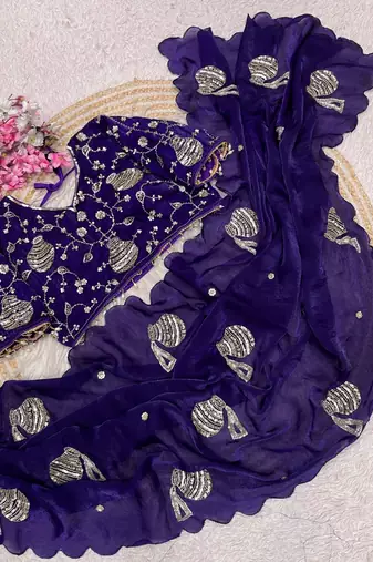 Purple Color Hand And Sequince Work Satin Saree