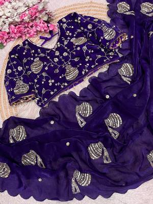 Purple Color Hand And Sequince Work Satin Saree 3