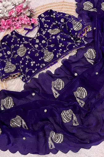 Purple Color Hand And Sequince Work Satin Saree
