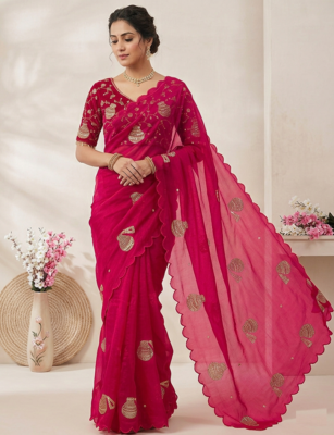 Rani Pink Color Hand And Sequince Work Satin Saree 1