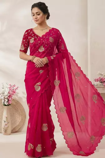 Rani Pink Color Hand And Sequince Work Satin Saree