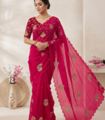 Rani Pink Color Hand And Sequince Work Satin Saree