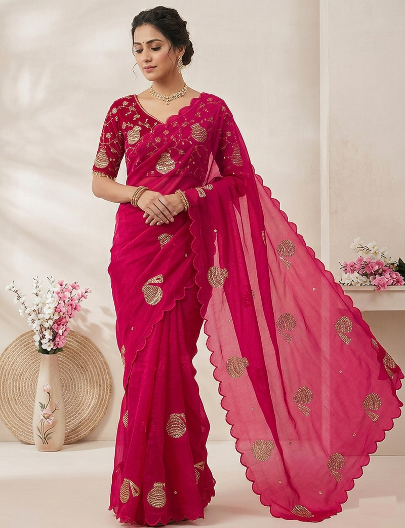 Rani Pink Color Hand And Sequince Work Satin Saree