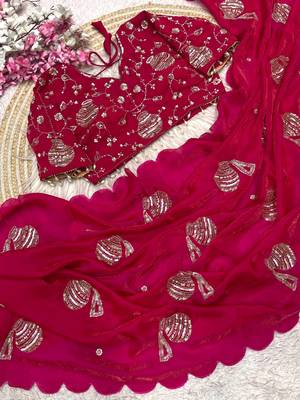 Rani Pink Color Hand And Sequince Work Satin Saree 2
