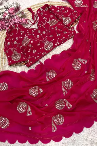 Rani Pink Color Hand And Sequince Work Satin Saree