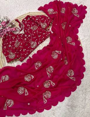 Rani Pink Color Hand And Sequince Work Satin Saree 3