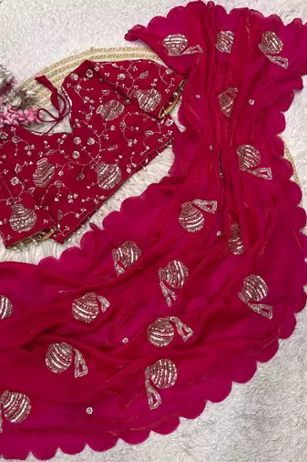 Rani Pink Color Hand And Sequince Work Satin Saree