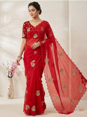 Red Color Hand And Sequince Work Satin Saree 1