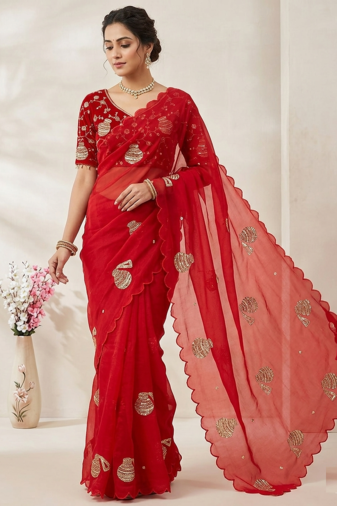 Red Color Hand And Sequince Work Satin Saree
