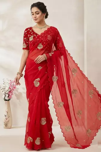 Red Color Hand And Sequince Work Satin Saree