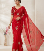 Red Color Hand And Sequince Work Satin Saree