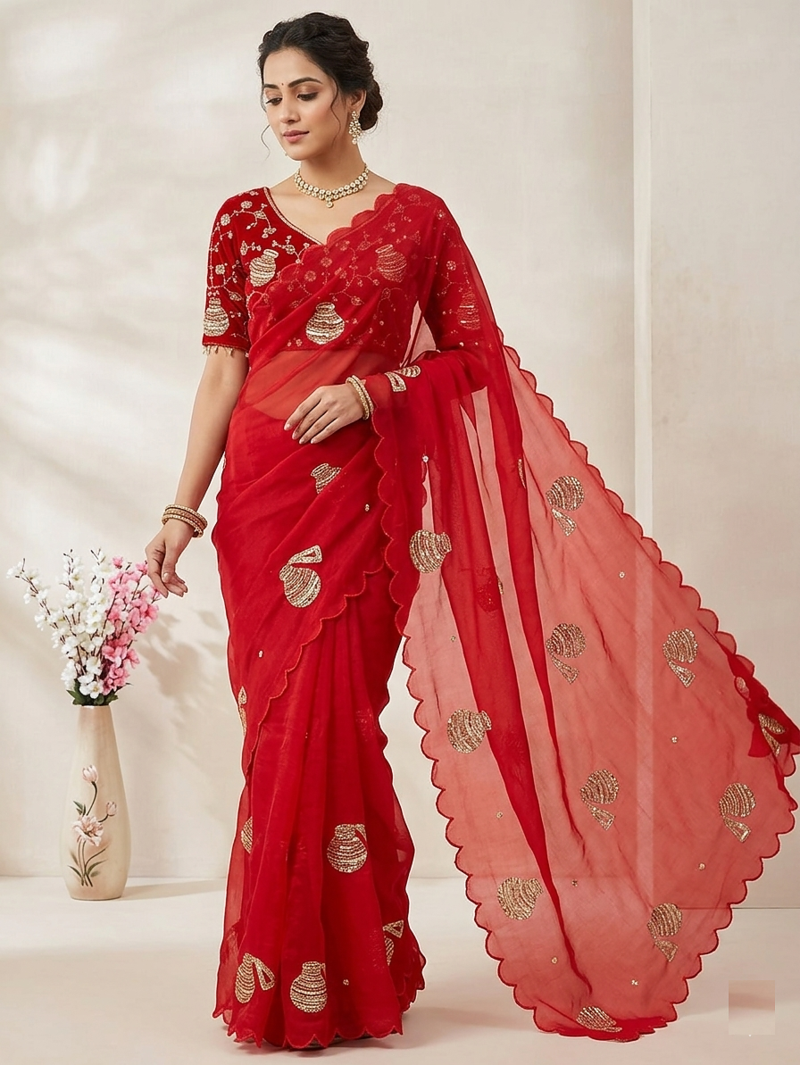 Red Color Hand And Sequince Work Satin Saree