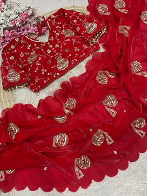 Red Color Hand And Sequince Work Satin Saree 2