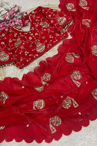 Red Color Hand And Sequince Work Satin Saree