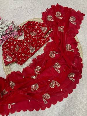 Red Color Hand And Sequince Work Satin Saree 3