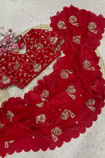 Red Color Hand And Sequince Work Satin Saree