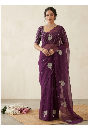Wine Color Hand And Sequince Work Satin Saree 1