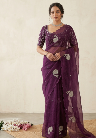 Wine Color Hand And Sequince Work Satin Saree
