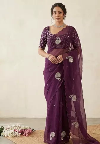 Wine Color Hand And Sequince Work Satin Saree
