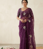 Wine Color Hand And Sequince Work Satin Saree