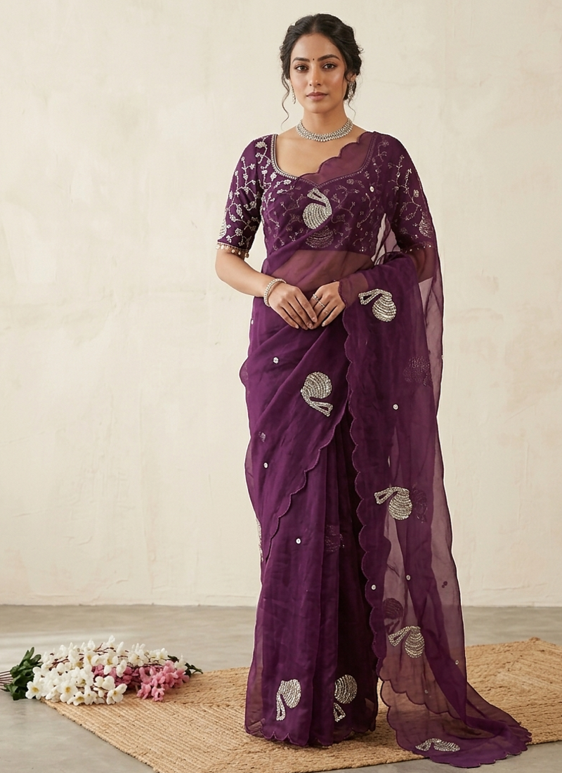 Wine Color Hand And Sequince Work Satin Saree