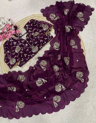 Wine Color Hand And Sequince Work Satin Saree 2