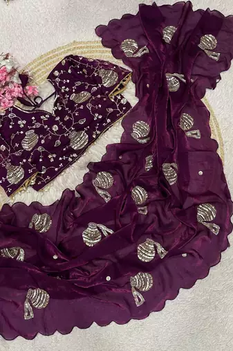 Wine Color Hand And Sequince Work Satin Saree