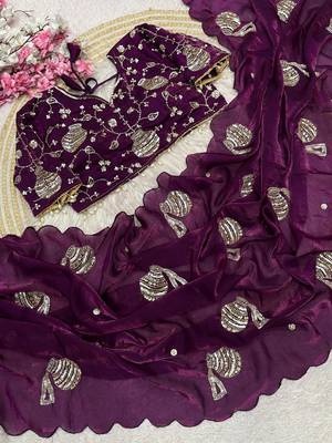 Wine Color Hand And Sequince Work Satin Saree 3