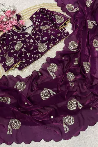 Wine Color Hand And Sequince Work Satin Saree